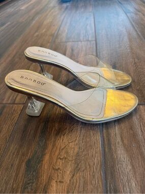 BAMBOO Clear Strap Metallic Gold Block Heel Mules